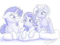 Size: 1024x768 | Tagged: safe, artist:novaintellus, imported from derpibooru, starlight glimmer, sunburst, trixie, pony, unicorn, atg 2017, bisexual, biting, blushing, ear bite, female, floppy ears, male, mare, newbie artist training grounds, nom, pillow, polyamory, prone, shipping, sketch, stallion, starburst, startrix, startrixburst, straight, trio