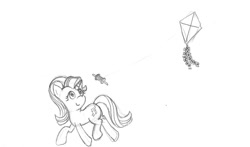 Size: 1024x601 | Tagged: safe, artist:8sseldne, imported from derpibooru, starlight glimmer, pony, unicorn, female, grayscale, kite, kite flying, mare, monochrome, simple background, sketch, solo, traditional art, white background