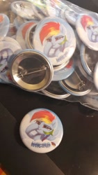 Size: 720x1280 | Tagged: safe, artist:imalou, imported from derpibooru, rainbow dash, pony, bronycon, bronycon 2017, boop, irl, iwtcird, meme, photo, pins, self-boop, solo