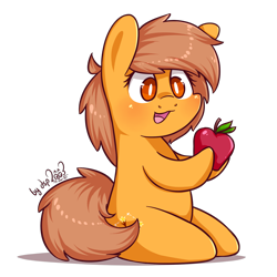 Size: 1280x1280 | Tagged: safe, artist:dsp2003, imported from derpibooru, oc, oc only, oc:meadow stargazer, earth pony, pony, apple, bipedal, chibi, cute, food, open mouth, simple background, style emulation, transparent background