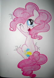 Size: 2525x3649 | Tagged: safe, artist:beetrue, imported from derpibooru, pinkie pie, pony, cute, diapinkes, female, hanging on, high res, one eye closed, solo, traditional art, wink