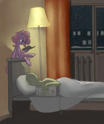 Size: 1161x1391 | Tagged: safe, artist:imbucky, imported from derpibooru, pinkie pie, oc, oc:anon, earth pony, human, pony, bed, bedtime story, computer, friendshipping, lamp, night, snow, snowfall