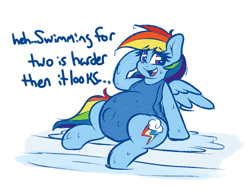 Size: 1073x823 | Tagged: safe, artist:graphenescloset, imported from derpibooru, rainbow dash, pegasus, pony, belly, clothes, female, mare, one-piece swimsuit, preggo dash, pregnant, solo, swimsuit, wet