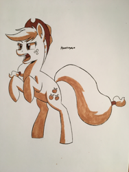 Size: 3024x4032 | Tagged: safe, artist:hypno, imported from derpibooru, applejack, earth pony, pony, angry, female, monochrome, rearing, simple background, solo, traditional art