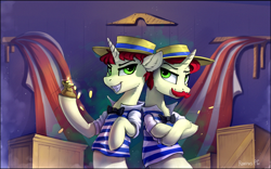 Size: 2185x1361 | Tagged: safe, artist:ramiras, imported from derpibooru, flam, flim, pony, unicorn, bits, brothers, clothes, crossed hooves, duo, evil grin, facial hair, flim flam brothers, grin, hat, looking at you, male, moustache, smiling, stallion