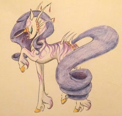 Size: 1024x974 | Tagged: safe, artist:oneiria-fylakas, imported from derpibooru, rarity, original species, pony, cloven hooves, eyes closed, female, raised hoof, skall, solo, species swap, traditional art