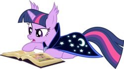 Size: 6000x3324 | Tagged: safe, artist:magister39, imported from derpibooru, twilight sparkle, bat pony, pony, bat ponified, book, cape, clothes, ear tufts, fangs, female, mare, prone, race swap, reading, simple background, solo, transparent background, twibat, vector