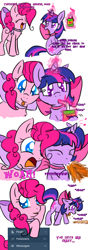 Size: 700x2000 | Tagged: safe, artist:justagirlonline, imported from derpibooru, pinkie pie, twilight sparkle, pony, ask cute twinkie pie, ask, female, lesbian, neck bow, shipping, spit take, tumblr, twinkie