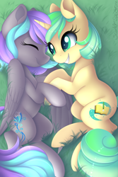 Size: 3000x4500 | Tagged: safe, artist:scarlet-spectrum, imported from derpibooru, oc, oc only, oc:first edition, oc:silverstar, pegasus, pony, unicorn, absurd resolution, commission, cuddling, duo, eyes closed, female, grass, mare, smiling