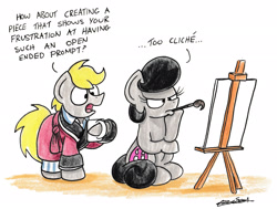 Size: 2075x1568 | Tagged: safe, artist:bobthedalek, imported from derpibooru, oc, oc only, oc:mixed melody, oc:octavia's father, oc:octavia's mother, oc:ostinato melody, pony, bathrobe, clothes, easel, paintbrush, robe, traditional art