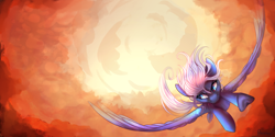 Size: 4134x2067 | Tagged: dead source, safe, artist:petrinox, deleted from derpibooru, imported from derpibooru, night glider, pegasus, pony, cloud, female, flying, mare, smiling, solo, spread wings, sunset, windswept mane, wings