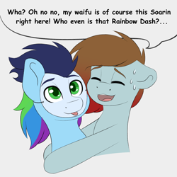 Size: 2300x2300 | Tagged: safe, artist:spirit-dude, imported from derpibooru, rainbow dash, soarin', oc, oc:spirit rose, pony, dialogue, eyes closed, female, lesbian, mare, mask, shipping, smiling, speech bubble, sweat