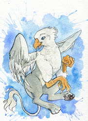 Size: 972x1346 | Tagged: safe, artist:spell_fox, imported from derpibooru, oc, oc only, oc:der, griffon, flying, majestic, paw pads, solo, traditional art, watercolor painting