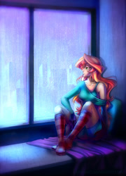 Size: 720x1000 | Tagged: safe, artist:limreiart, imported from derpibooru, sunset shimmer, fanfic:long road to friendship, equestria girls, bed, clothes, fanfic, fanfic art, female, human coloration, rain, socks, solo, striped socks