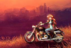 Size: 1000x683 | Tagged: safe, artist:limreiart, imported from derpibooru, sunset shimmer, fanfic:long road to friendship, equestria girls, city, cityscape, fanfic, fanfic art, female, human coloration, motorcycle, smiling, solo