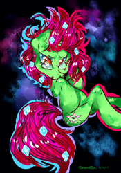 Size: 1024x1463 | Tagged: safe, artist:thepinkgryphon, imported from derpibooru, oc, oc only, oc:nuclear blossom, pony, unicorn, abstract background, falling, nonbinary, solo