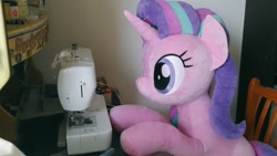 Size: 1024x576 | Tagged: safe, artist:nekokevin, imported from derpibooru, starlight glimmer, pony, unicorn, series:nekokevin's glimmy, chair, cute, female, glimmerbetes, irl, life size, photo, plushie, sewing machine, smiling, solo