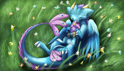 Size: 5760x3300 | Tagged: safe, artist:xeirla, imported from derpibooru, oc, oc only, oc:der, oc:gyro feather, oc:gyro tech, dragon, griffon, cuddling, griffonized, micro, species swap