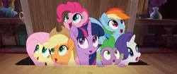 Size: 2048x858 | Tagged: safe, imported from derpibooru, screencap, applejack, fluttershy, pinkie pie, rainbow dash, rarity, spike, twilight sparkle, alicorn, dragon, pony, my little pony: the movie, mane seven, mane six, twilight sparkle (alicorn)