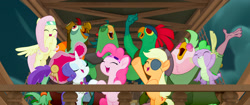 Size: 2048x858 | Tagged: safe, imported from derpibooru, screencap, applejack, boyle, fluttershy, lix spittle, mullet (character), murdock, pinkie pie, rarity, spike, dragon, parrot pirates, pony, my little pony: the movie, eyepatch, hat, mullet (g4), pirate, pirate hat, squabble