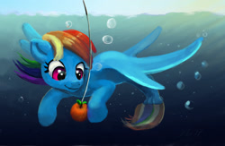 Size: 2000x1300 | Tagged: safe, artist:xbi, imported from derpibooru, rainbow dash, merpony, pony, apple, bait, female, fishing, food, solo, underwater