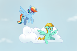 Size: 1600x1050 | Tagged: safe, artist:heir-of-rick, imported from derpibooru, lightning dust, rainbow dash, pegasus, pony, cloud, female, flying, mare, sky