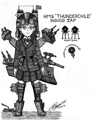 Size: 2922x3774 | Tagged: safe, artist:php71, deleted from derpibooru, imported from derpibooru, indigo zap, alien, equestria girls, friendship games, clothes, concept art, crossover, england, female, grayscale, hms thunderchild, ironclad, kantai collection, macro, martian fighting machine, martians, monochrome, ocean, parody, science fiction, solo, traditional art, uniform, war of the worlds, warship