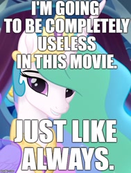 Size: 503x667 | Tagged: safe, imported from derpibooru, princess celestia, alicorn, pony, my little pony: the movie, background pony strikes again, celestia hate, drama, drama bait, female, image macro, meme, op is a duck, op is trying to start shit, solo, uselesstia