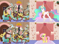 Size: 1280x958 | Tagged: safe, edit, edited screencap, imported from derpibooru, screencap, discord, fluttershy, princess celestia, discordant harmony, anti-shipping, discoshy, exploitable meme, female, judge discord, judging, male, meme, opinion, reaction guys, shipping, straight