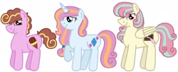 Size: 1962x797 | Tagged: safe, artist:kindheart525, imported from derpibooru, oc, oc only, oc:agape sherbet, oc:crystal quarters, oc:fondant kiss, earth pony, pegasus, pony, unicorn, kindverse, parent:pound cake, parent:princess flurry heart, parents:poundflurry