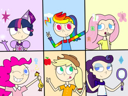 Size: 1280x960 | Tagged: safe, artist:04startycornonline88, imported from derpibooru, applejack, fluttershy, pinkie pie, rainbow dash, rarity, twilight sparkle, butterfly, human, blushing, grin, handmirror, hennin, humanized, mane six, mirror, overalls, peace sign, princess, rubber chicken, smiling, smirk, xd