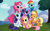 Size: 1800x1110 | Tagged: safe, artist:luminousdazzle, imported from derpibooru, applejack, fluttershy, pinkie pie, rainbow dash, rarity, twilight sparkle, earth pony, pegasus, pony, unicorn, cowboy hat, freckles, hat, looking at you, mane six, mane six opening poses, one eye closed, open mouth, scene interpretation, sitting, stetson, unicorn twilight, wink