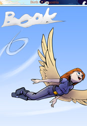 Size: 1280x1853 | Tagged: safe, artist:shieltar, imported from derpibooru, oc, oc only, oc:grace harmony, human, comic:birth of equestria, clothes, comic, female, flying, human female, solo, winged human