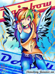 Size: 1024x1365 | Tagged: safe, artist:animechristy, imported from derpibooru, rainbow dash, human, equestria girls, arm behind head, armpits, breasts, clothes, cloud, feather, humanized, jeans, lightning, looking at you, multicolored hair, one eye closed, pants, sky background, smiling, sweater, thunder, winged humanization, wings, wink