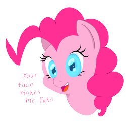 Size: 1016x1017 | Tagged: safe, artist:chromaskunk, artist:trickydick, imported from derpibooru, pinkie pie, earth pony, pony, dialogue, dissonance, dissonant caption, female, out of character, pinkie prick, simple background, solo, transparent background