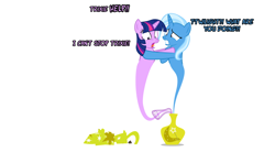 Size: 1048x578 | Tagged: safe, artist:navitaserussirus, imported from derpibooru, trixie, twilight sparkle, genie, pony, asktwixiegenies, cropped, female, lesbian, shipping, twixie