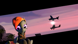 Size: 1920x1080 | Tagged: safe, imported from derpibooru, rainbow dash, pony, 3d, clothes, female, lens flare, plane, sky, solo, source filmmaker, sunset, sweater, tree