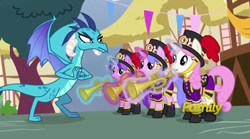 Size: 728x406 | Tagged: safe, imported from derpibooru, screencap, princess ember, sea swirl, seafoam, dragon, pony, triple threat, band, clothes, discovery family logo, female, fist, mare, menacing, musical instrument, ponyville, trumpet, uniform, unnamed character, unnamed pony, watermark