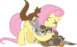 Size: 7230x4492 | Tagged: safe, artist:timeymarey007, imported from derpibooru, fluttershy, chipmunk, duck, ferret, mouse, pegasus, pony, rabbit, squirrel, the hooffields and mccolts, .svg available, absurd resolution, animal, cute, female, hug, mare, shyabetes, simple background, transparent background, vector