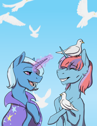 Size: 2550x3300 | Tagged: safe, artist:phobicalbino, imported from derpibooru, trixie, oc, bird, pigeon, pony, unicorn, duo, female, magic, mare, open mouth, raised hoof, sitting