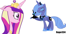 Size: 2872x1516 | Tagged: safe, artist:roger334, imported from derpibooru, nightmare moon, princess cadance, princess luna, pony, puppet, s1 luna, scared, simple background, transparent background, ventriloquism, wat