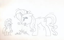 Size: 2447x1538 | Tagged: safe, artist:friendshipishorses, imported from derpibooru, applejack, rarity, pony, atg 2017, grass, monochrome, newbie artist training grounds, tongue out, traditional art