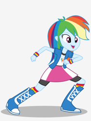 Size: 1536x2048 | Tagged: safe, artist:limedazzle, imported from derpibooru, rainbow dash, equestria girls, boots, clothes, compression shorts, female, open mouth, shoes, show accurate, simple background, skirt, socks, solo, white background, wristband