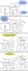 Size: 1600x4000 | Tagged: safe, artist:dangercloseart, imported from derpibooru, princess celestia, oc, oc:danger close, pony, absurd resolution, blushing, comic, computer, desk, drink, partial color, spread wings, style emulation, wingboner, wings