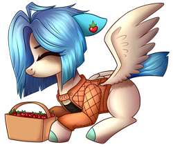 Size: 1552x1322 | Tagged: safe, artist:astralblues, artist:starrcoma, imported from derpibooru, oc, oc only, pegasus, pony, basket, clothes, eyes closed, female, floppy ears, food, mare, prone, simple background, smiling, solo, strawberry, transparent background