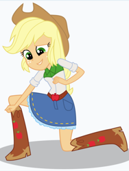 Size: 1536x2048 | Tagged: safe, artist:limedazzle, imported from derpibooru, applejack, equestria girls, apple, belt, boots, clothes, cowboy boots, cowboy hat, denim skirt, female, food, freckles, hat, scared, shoes, show accurate, simple background, skirt, solo, stetson, white background