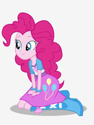 Size: 1536x2048 | Tagged: safe, artist:limedazzle, imported from derpibooru, pinkie pie, equestria girls, balloon, boots, bracelet, clothes, cute, female, jewelry, kneeling, shoes, show accurate, simple background, skirt, solo, white background