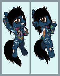 Size: 1177x1498 | Tagged: safe, artist:lightningbolt, derpibooru exclusive, imported from derpibooru, earth pony, pony, undead, zombie, zombie pony, .svg available, bags under eyes, bedroom eyes, blood, bloodshot eyes, body pillow, body pillow design, bone, bring me the horizon, butt, colored pupils, fangs, featureless crotch, grin, hair over one eye, hoof under chin, hooves behind head, implied shipping, lip piercing, looking at you, male, oliver sykes, on back, peeling flesh, piercing, plot, ponified, presenting, prone, rainbow blood, scar, show accurate, smiling, solo, stallion, stitches, sultry pose, svg, tattoo, torn ear, vector