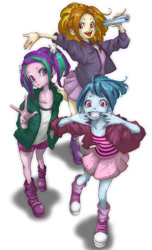 Size: 606x1000 | Tagged: safe, artist:ddd1983, imported from derpibooru, adagio dazzle, aria blaze, sonata dusk, equestria girls, adoragio, ariabetes, boots, clothes, cute, pigtails, ponytail, shoes, shorts, skirt, socks, sonatabetes, the dazzlings, younger