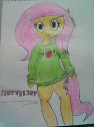 Size: 704x944 | Tagged: artist needed, source needed, safe, imported from derpibooru, fluttershy, anthro, clothes, female, hoodie, solo, traditional art